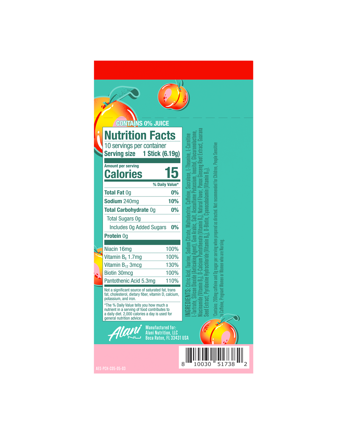 Juicy Peach Energy Powder Sticks, 10-Pack